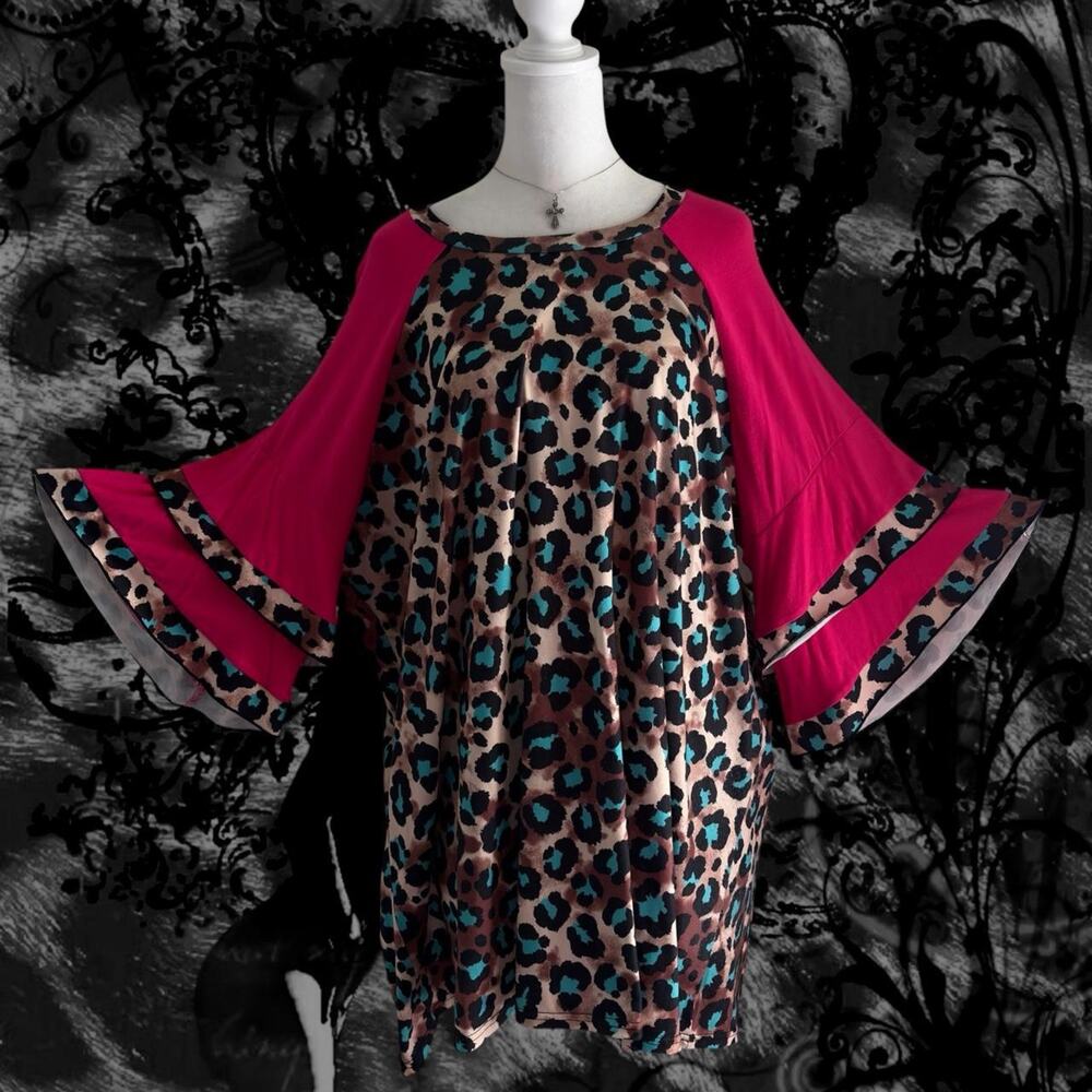 light blue black beige brown leopard print w hot pink contrast flare sleeves top